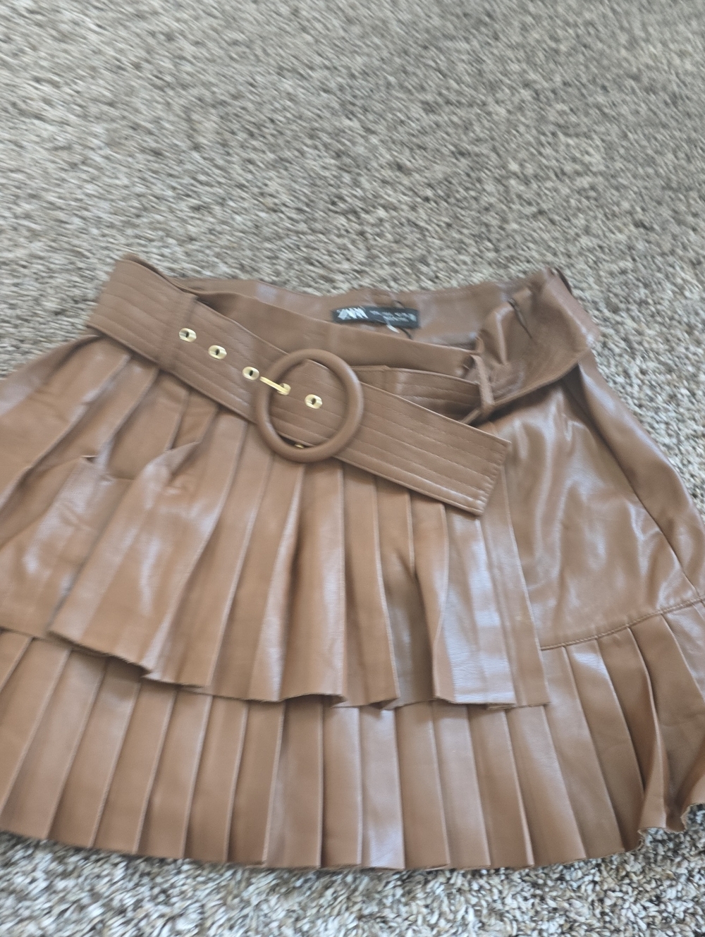 Zara Brown Pleated Vegan Leather Mini Skirt with Belt F 124